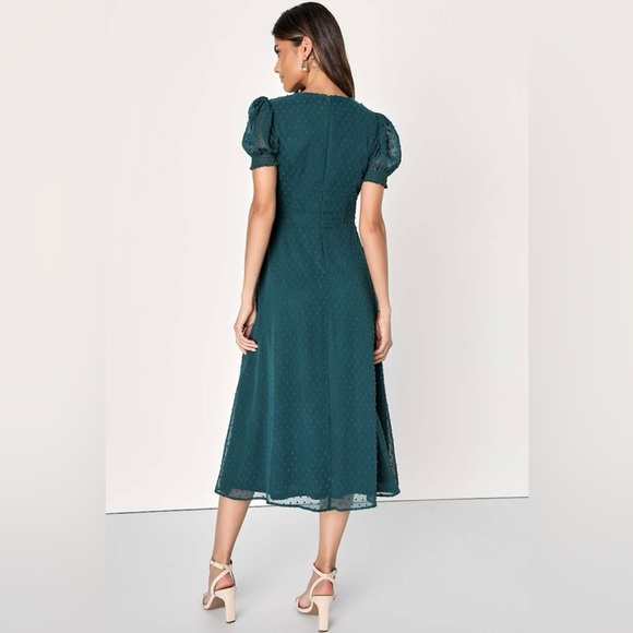 NWOT Lulus Romance Abounds Emerald Swiss Dot Puff Sleeve Midi Dress - Picture 3 of 16